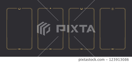 Frame border Tarot card templates with celestial elements, crescents and stars. Mystery, astrology, alchemy. Vector illustration Frame border Tarot card templates with celestial elements, crescents and stars. Mystery, astrology, alchemy. Vector illustration 123913086