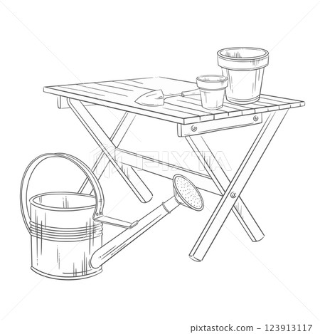 Watering can, folding wooden table, and planting tools. Vector hand-drawn graphic illustration. For gardening, spring decor, and rustic home settings. Ideal for coloring pages, wrapping, signs, card 123913117