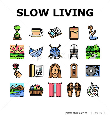 slow living mindfulness balance icons set vector 123913119