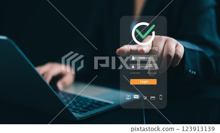 E-Banking, Smart fintech service, Payment online, Finance innovation technology online, Business Women use computer connecting online Banking applications, Cyber security financial and investment. 123913139