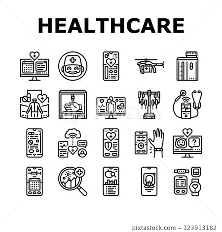 healthcare innovations robotics icons set vector healthcare innovations robotics icons set vector 123913182