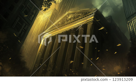 New York Stock Exchange building collapsing during economic crisis with golden leaves falling New York Stock Exchange building collapsing during economic crisis with golden leaves falling 123913209