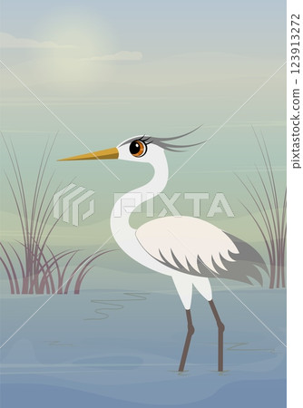 Vector birds. A heron stands on a foggy swamp. Animals collection. 123913272