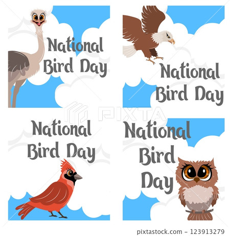 National Bird Day. Celebrating national bird day with bird illustrations. Owl, eagle, ostrich and cardinal against the background of sky and clouds. Vector template National Bird Day. Celebrating national bird day with bird illustrations. Owl, eagle, ostrich and cardinal against the background of sky and clouds. Vector template 123913279