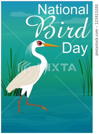 National Bird Day. Celebrating national bird day with bird illustrations. White heron in the swamp. Vector template National Bird Day. Celebrating national bird day with bird illustrations. White heron in the swamp. Vector template 123913280