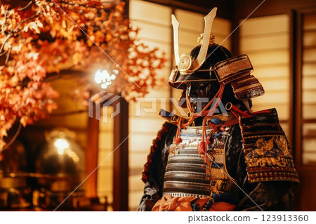 Traditional samurai armor displayed in japanese home Traditional samurai armor displayed in japanese home 123913360