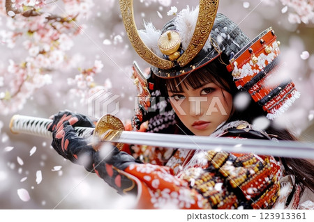 Female samurai warrior wielding katana with falling cherry blossoms Female samurai warrior wielding katana with falling cherry blossoms 123913361