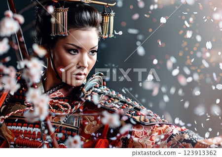 Female samurai warrior wielding katana with falling cherry blossoms 123913362