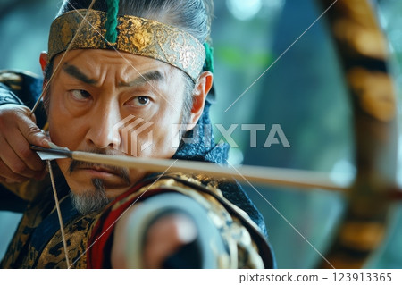 Samurai archer concentrating while drawing back his yumi longbow 123913365