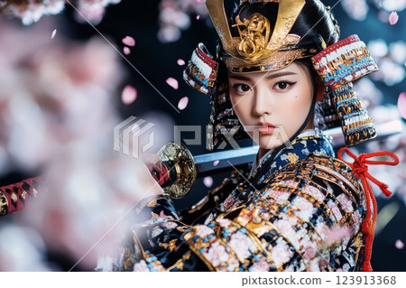 Female samurai warrior wielding katana with falling cherry blossoms Female samurai warrior wielding katana with falling cherry blossoms 123913368