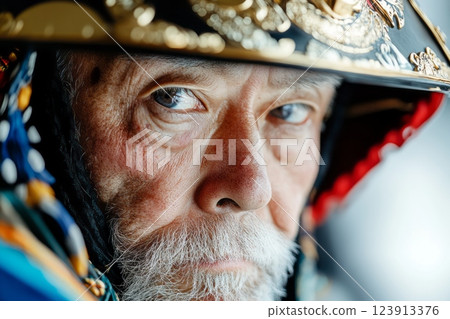 Close-up portrait of a samurai wearing traditional armor 123913376