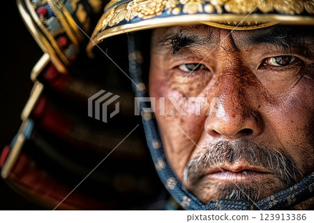 Close-up portrait of a samurai wearing traditional armor 123913386