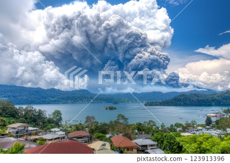 Volcano erupting ash cloud over snow covered desert landscape 123913396