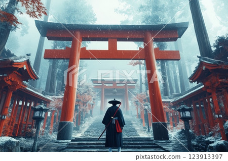 Lone samurai standing guard at a shinto shrine entrance 123913397