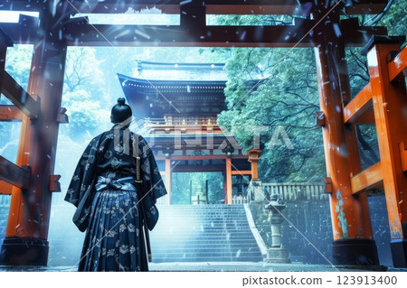 Lone samurai standing guard at a shinto shrine entrance Lone samurai standing guard at a shinto shrine entrance 123913400