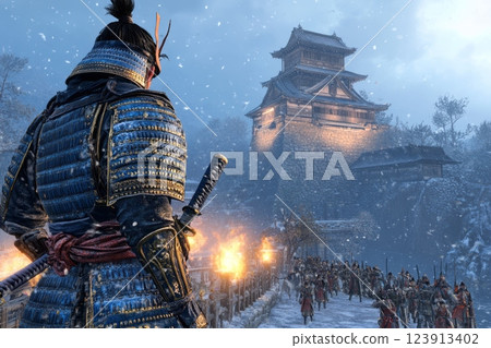 Samurai warrior standing guard at the gates of a japanese castle 123913402