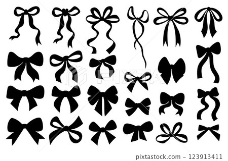 Vintage black ribbon bow silhouette collection. Romantic coquette girly vibe. Vector illustration. Isolated Trendy simple aesthetic decorative holiday elements on white background 123913411