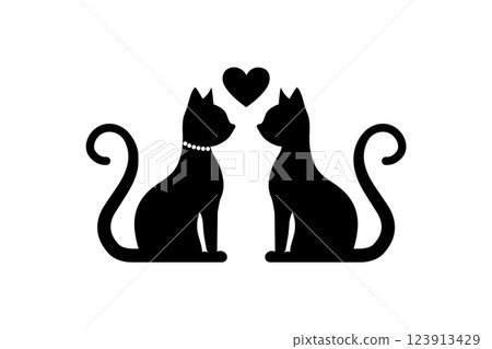 Two cute cats loving each other. Black couple cat Silhouette in love, logo design kittens in Romantic Mood, Valentine concept, Vector illustration isolated on white background Two cute cats loving each other. Black couple cat Silhouette in love, logo design kittens in Romantic Mood, Valentine concept, Vector illustration isolated on white background 123913429