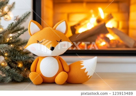 Adorable plush fox relaxing by the fireplace near christmas tree Adorable plush fox relaxing by the fireplace near christmas tree 123913489