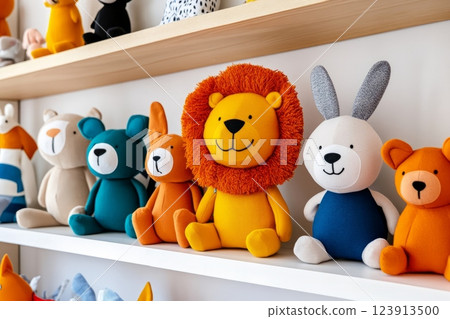 Colorful handmade plush animals sitting on shelves, displaying playful charm Colorful handmade plush animals sitting on shelves, displaying playful charm 123913500