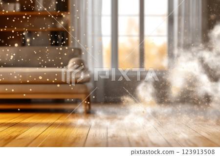 Dust particles floating in a room with sofa and window Dust particles floating in a room with sofa and window 123913508