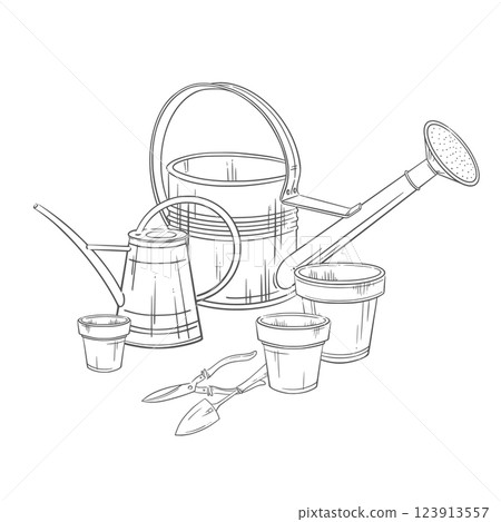 Gardening tools: watering cans, flower pots, a trowel, and pruning shears. Elegant vector hand-drawn illustration. Ideal for spring planting, eco-friendly visuals, and rustic decor. 123913557