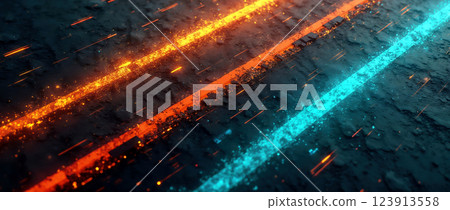 Three glowing neon light trails on a dark surface 123913558