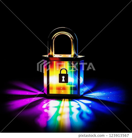 Glowing door padlock.Close-up of a colorful padlock on a black background. AI generated. Glowing door padlock.Close-up of a colorful padlock on a black background. AI generated. 123913567