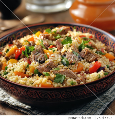 moroccan couscous with lamb and vegetables served in a rustic bowl, seasoned with cumin and coriander, rich spices enhancing authentic flavors, concept of traditional cuisine, restaurant menu. 123913592