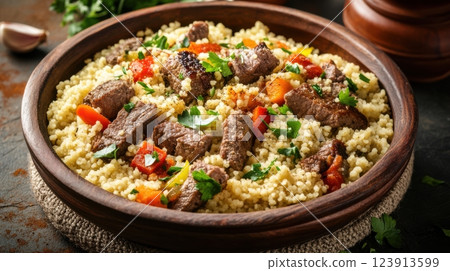 moroccan couscous with lamb and vegetables served in a rustic bowl, seasoned with cumin and coriander, rich spices enhancing authentic flavors, concept of traditional cuisine, restaurant menu. 123913599