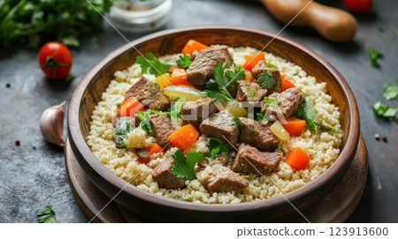 moroccan couscous with lamb and vegetables served in a rustic bowl, seasoned with cumin and coriander, rich spices enhancing authentic flavors, concept of traditional cuisine, restaurant menu. 123913600