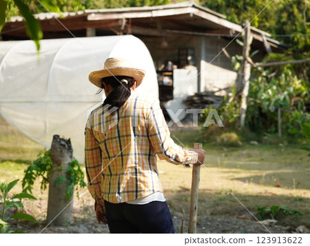 Asian adult woman working outdoors in summer garden. 123913622