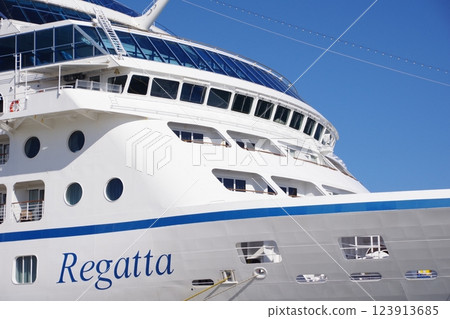 Large cruise ship Oceania Regatta - ship name and bridge 123913685