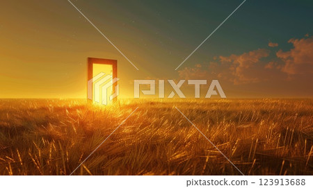 Golden Wheat Field With a Mysterious Glowing Door at Sunset 123913688