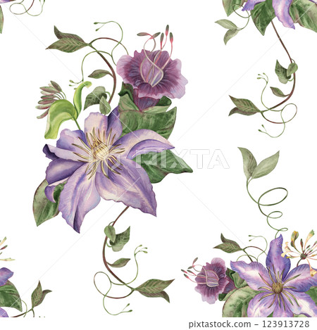 Seamless watercolor pattern with purple clematis flowers, green vines and leaves on black background. Hand drawn botanical illustration for textile, wallpaper, prints and vintage decor, packaging. 123913728