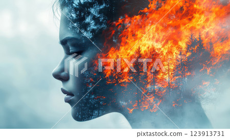 Woman's Face with Flames in Double Exposure 123913731