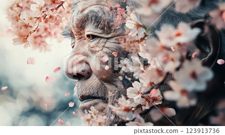 Elderly Man with Cherry Blossoms in Double Exposure Elderly Man with Cherry Blossoms in Double Exposure 123913736