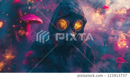 Person in Gas Mask in a Mushroom Forest Person in Gas Mask in a Mushroom Forest 123913737