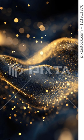 Waves of shimmering gold particles creating a mesmerizing abstract landscape in a dark setting 123913870