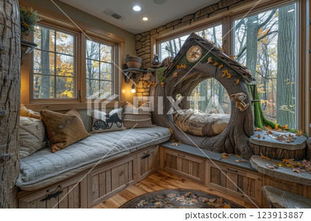 Cozy nook with whimsical tree-shaped bed and natural light in a rustic forest setting during autumn Cozy nook with whimsical tree-shaped bed and natural light in a rustic forest setting during autumn 123913887