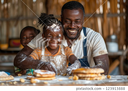 Family bonding through baking as father and children create delicious treats in a warm kitchen environment Family bonding through baking as father and children create delicious treats in a warm kitchen environment 123913888