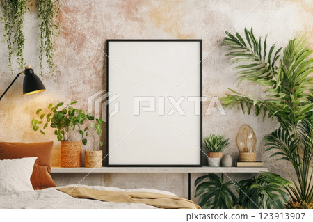 Cozy indoor space featuring plants and a blank frame ready for personal artwork decor 123913907
