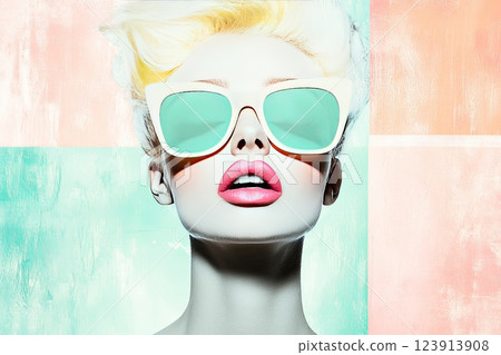 Creative portrait of a model with bold sunglasses and vibrant colors captures modern fashion aesthetics 123913908