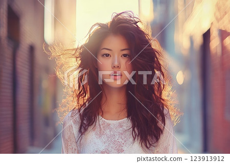 Young woman with wavy hair stands in an alley during sunset, capturing a moment of beauty and light 123913912