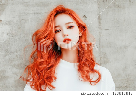 Bright orange-haired woman poses against a textured gray wall while wearing a white top 123913913