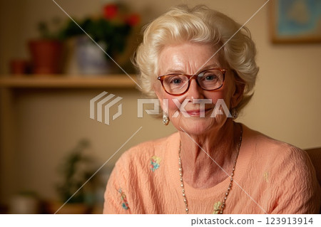Elderly woman with glasses sits comfortably in cozy indoor setting during daylight hours 123913914