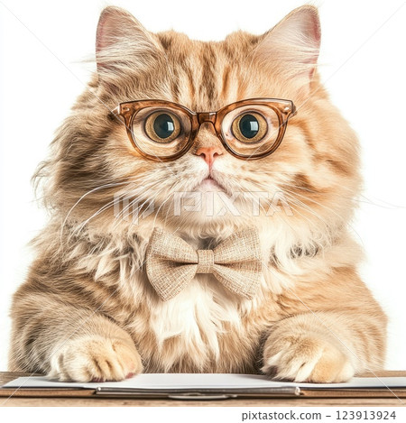 Cat in glasses and bow tie sitting at a desk with a serious expression preparing for a thoughtful moment Cat in glasses and bow tie sitting at a desk with a serious expression preparing for a thoughtful moment 123913924