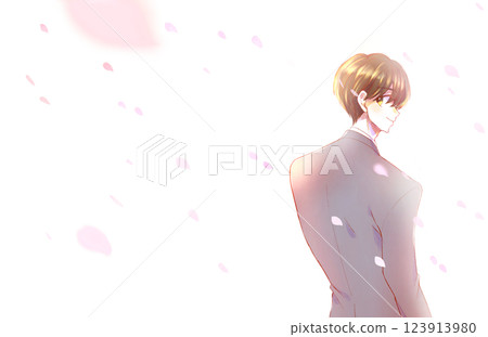 Male office worker in a suit turning around, smiling, cherry blossom storm 123913980