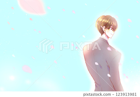 Male office worker in a suit turning around, smiling, cherry blossom storm 123913981