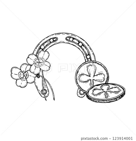 A detailed black and white illustration of a lucky horseshoe, shamrocks, and gold coins. A perfect St. Patrick s Day symbol representing Irish luck, prosperity, and the joy of celebration 123914001